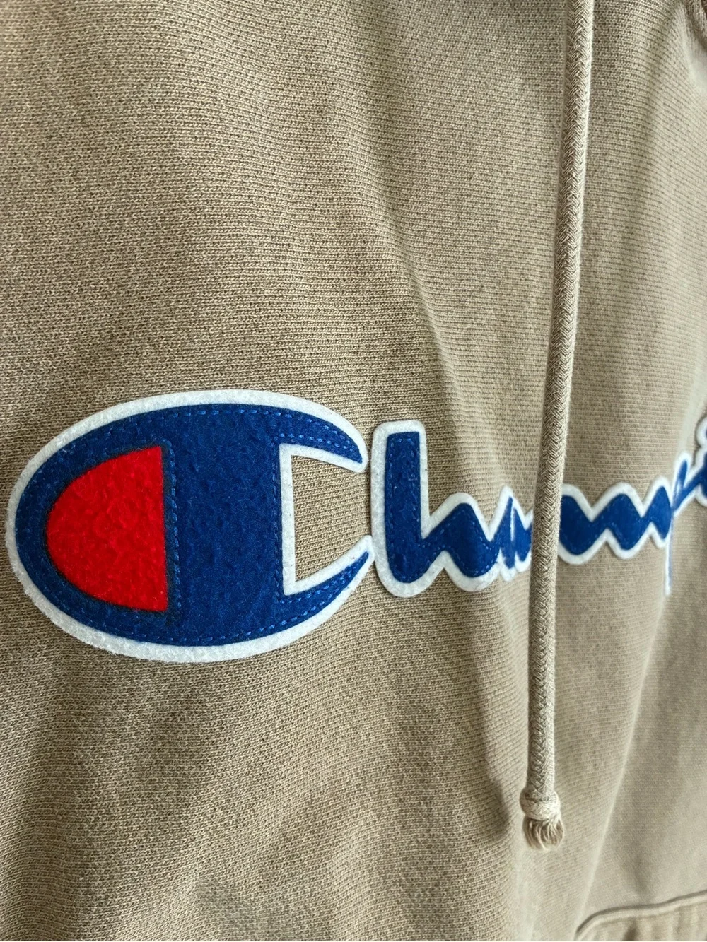 Champion Reverse Weave drawstring Hoodie in Taupe with embroidered chest logo S